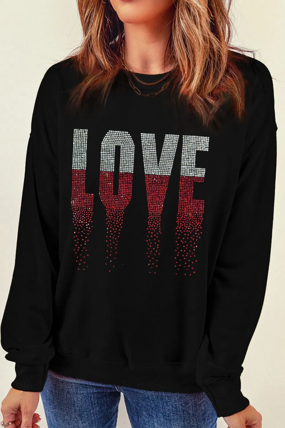 Rhinestone LOVE Round Neck Long Sleeve Sweatshirt sold by Charming Charlie product image thumbnail 3