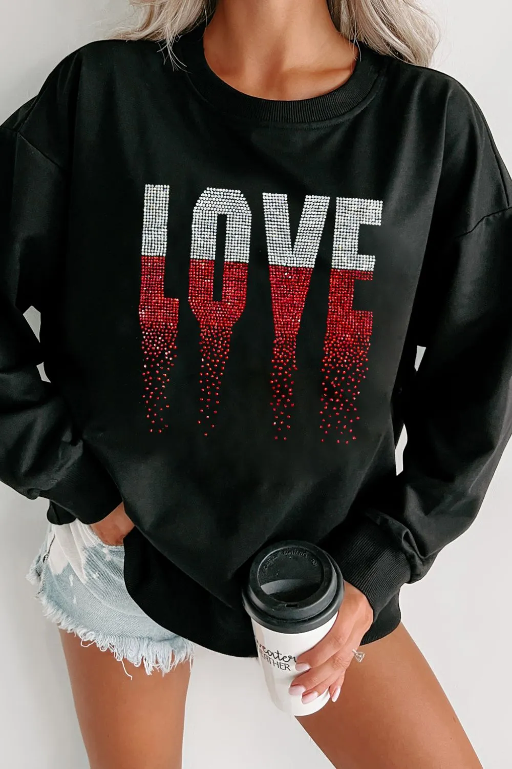 Rhinestone LOVE Round Neck Long Sleeve Sweatshirt sold by Charming Charlie