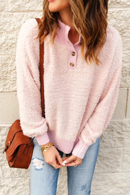 Button Detail Mock Neck Long Sleeve Sweater sold by Charming Charlie