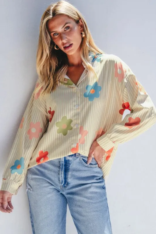 Flower Print Collared Button-up Loose Fit Blouse sold by Charming Charlie