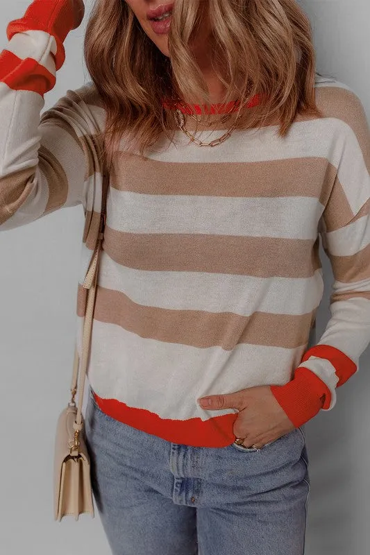 Women Striped Round Neck Drop Shoulder Sweater sold by Charming Charlie