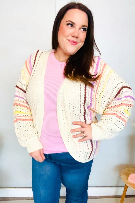 Easy Living Oatmeal Multicolor Stripe Dolman Crochet Cardigan sold by Charming Charlie