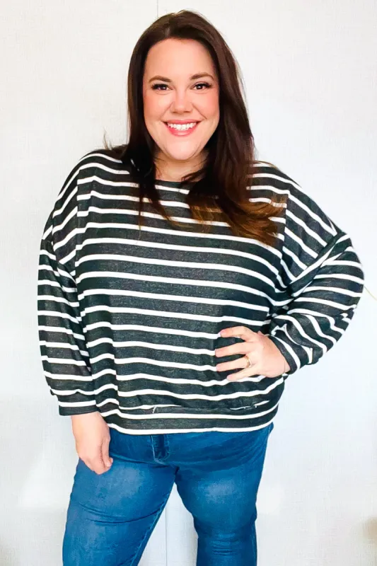 Look Striking Charcoal Stripe Terry Banded Dolman Pullover sold by Charming Charlie