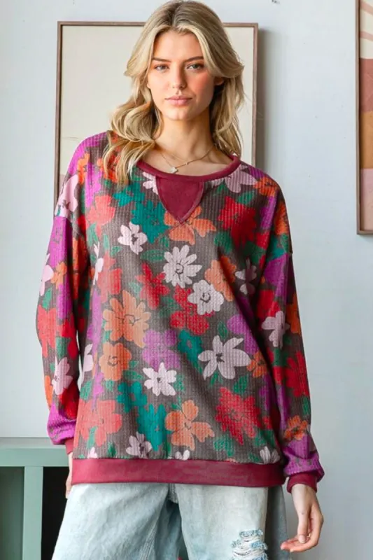 Look Adorable Brown/Multicolor Floral Waffle Terry Reverse Stitch Pullover sold by Charming Charlie