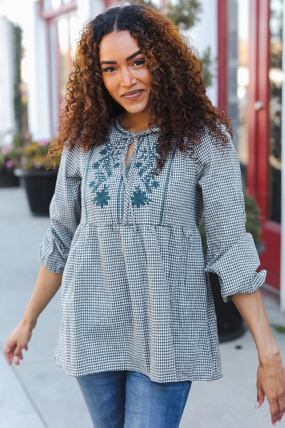 Beautiful You Dark Green Cotton Plaid Embroidered Back Button Top sold by Charming Charlie