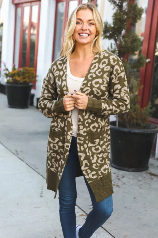 Boldly You Olive Fury Knit Animal Print Ribbed Open Cardigan made by Reborn J