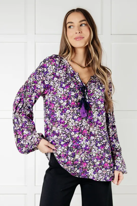 Pulled Together Ditsy Floral Bubble Sleeve Blouse sold by Charming Charlie