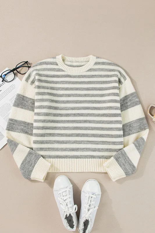 Gray Stripe Drop Shoulder Crew Neck Sweater sold by Charming Charlie product image thumbnail 5