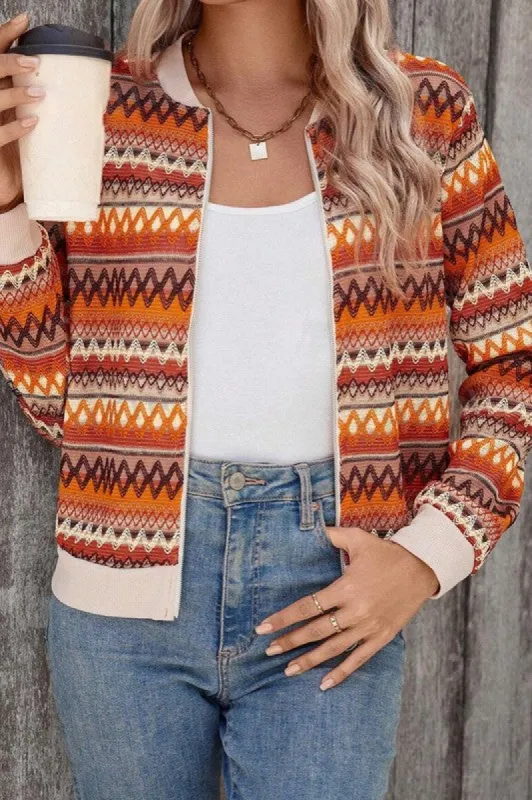 Orange Boho Striped Zip Up Long Sleeve Jacket sold by Charming Charlie