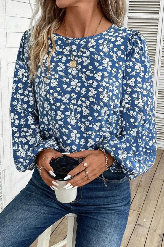 Blue Ditsy Floral Print Lantern Sleeve Blouse sold by Charming Charlie