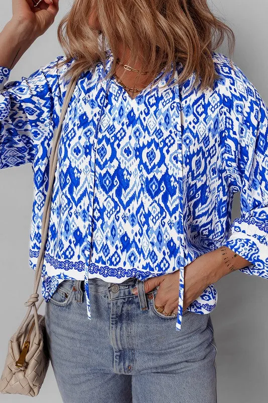 Women Boho Printed 3/4 Sleeve Tied Neck Blouse sold by Charming Charlie product image thumbnail 3