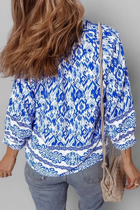 Women Boho Printed 3/4 Sleeve Tied Neck Blouse sold by Charming Charlie product image thumbnail 2