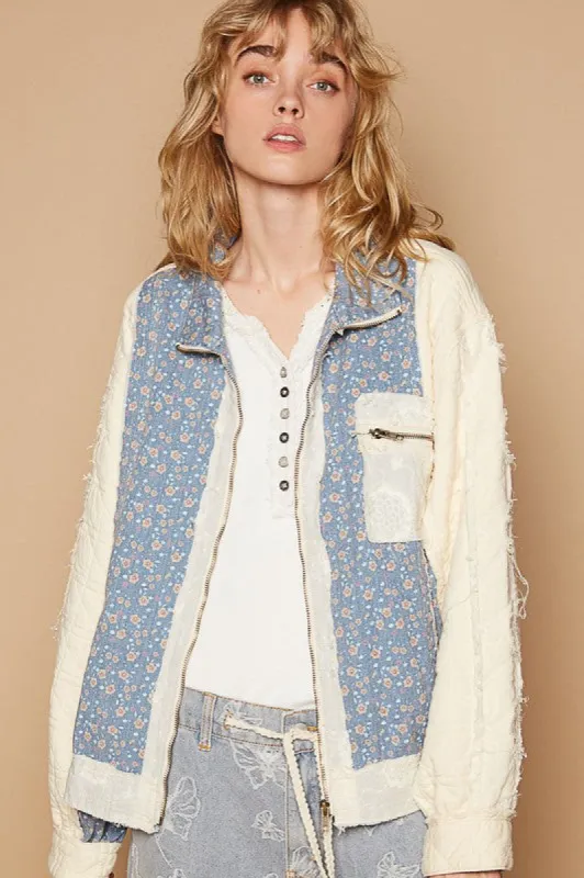 POL Floral Patchwork Zip Up Long Sleeve Jacket sold by Charming Charlie