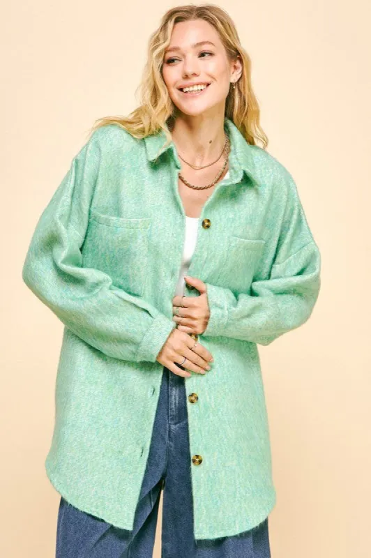Davi & Dani Curved Hem Heathered Dropped Shoulder Shacket sold by Charming Charlie