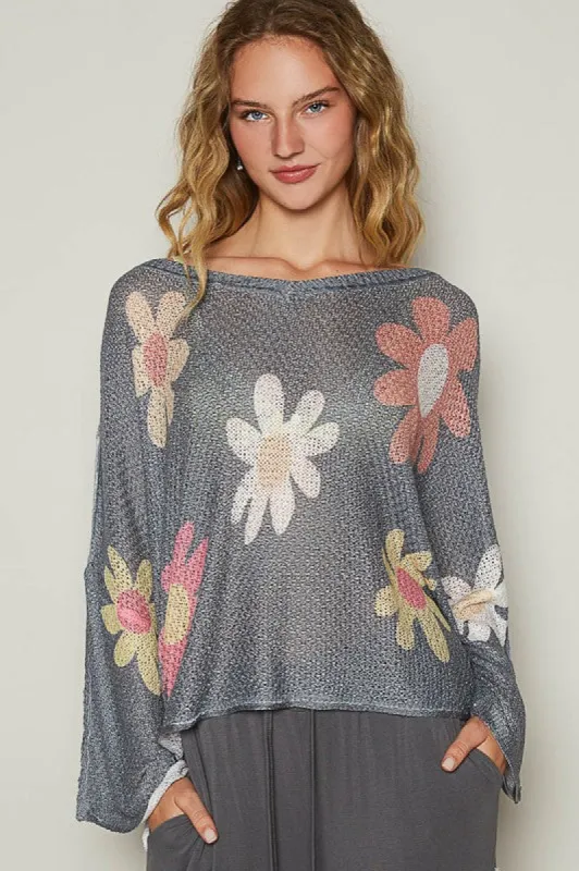 POL Flower Dropped Shoulder Long Sleeve Knit Top sold by Charming Charlie