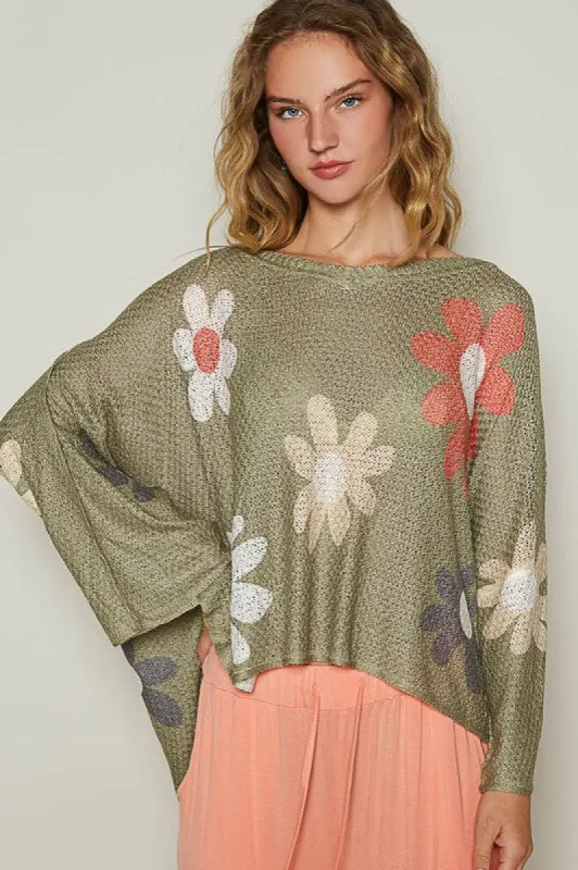 POL Flower Dropped Shoulder Long Sleeve Knit Top sold by Charming Charlie