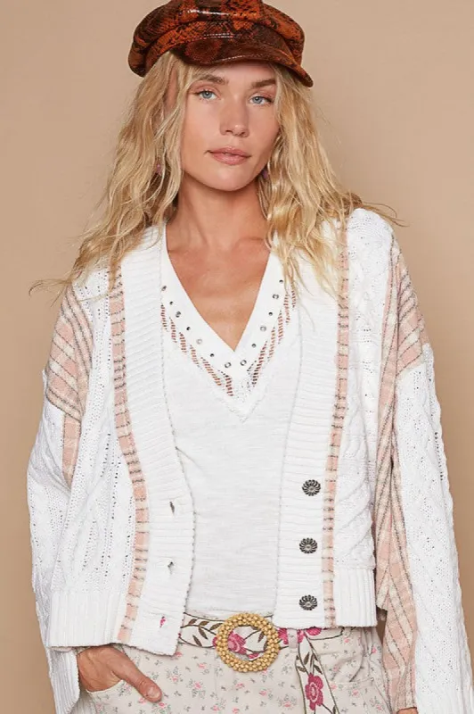 POL Cable-Knit Plaid V-Neck Button Up Cardigan sold by Charming Charlie