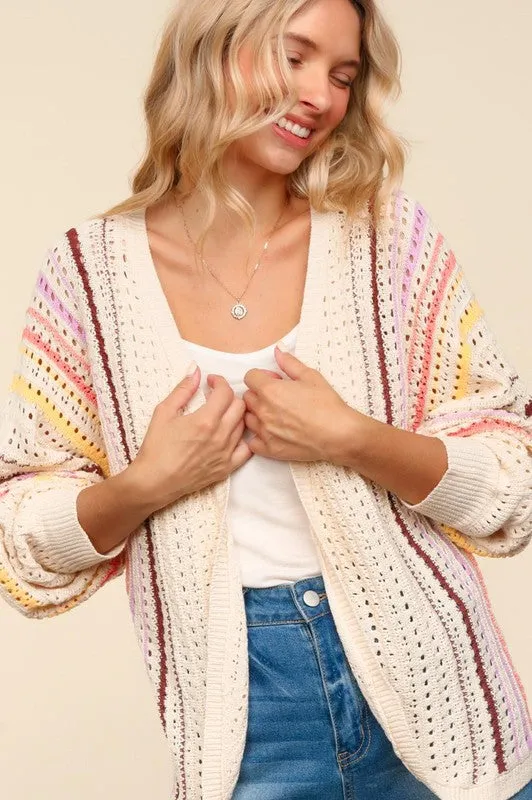 Haptics Full Size Striped Crochet Open Front Cardigan sold by Charming Charlie