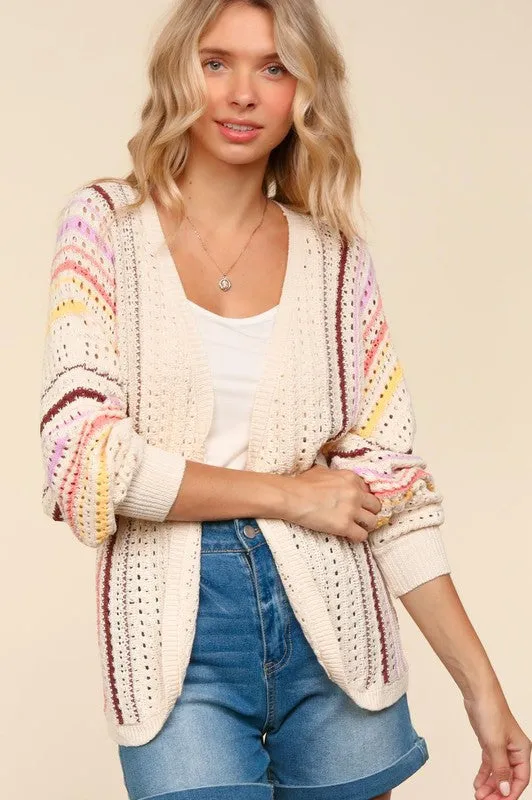 Haptics Full Size Striped Crochet Open Front Cardigan sold by Charming Charlie product image thumbnail 5