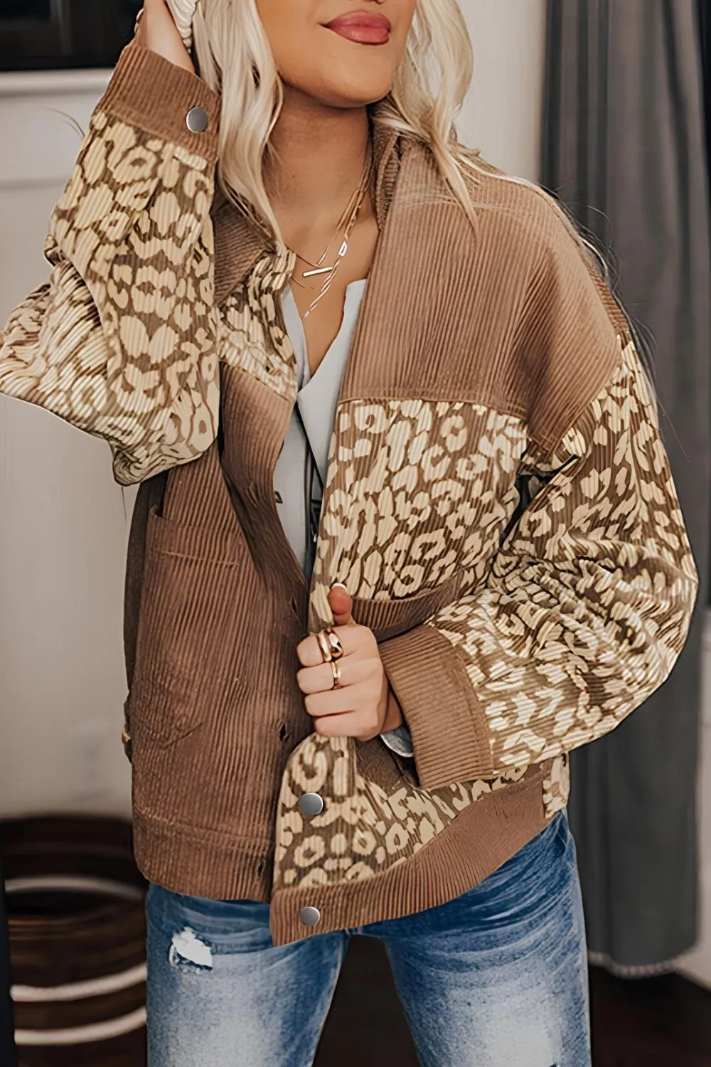 Leopard Button Up Drop Shoulder Jacket sold by Charming Charlie product image thumbnail 2