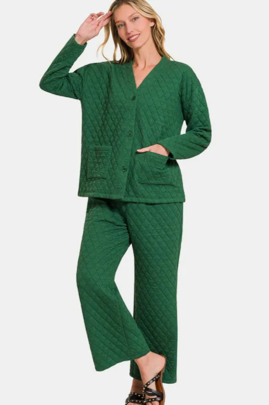 Zenana Quilted Button Up Long Sleeve Top and Pants Lounge Set sold by Charming Charlie