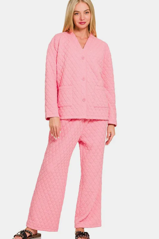 Zenana Quilted Button Up Long Sleeve Top and Pants Lounge Set sold by Charming Charlie