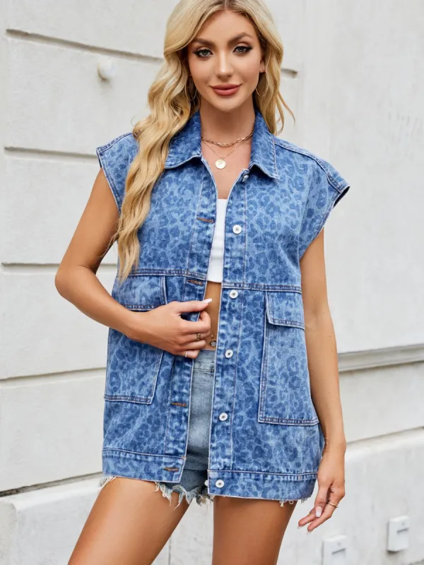 Leopard Button Up Cap Sleeve Denim Jacket sold by Charming Charlie