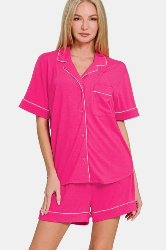 Zenana Button Down Short Sleeve Top and Shorts Lounge Set sold by Charming Charlie