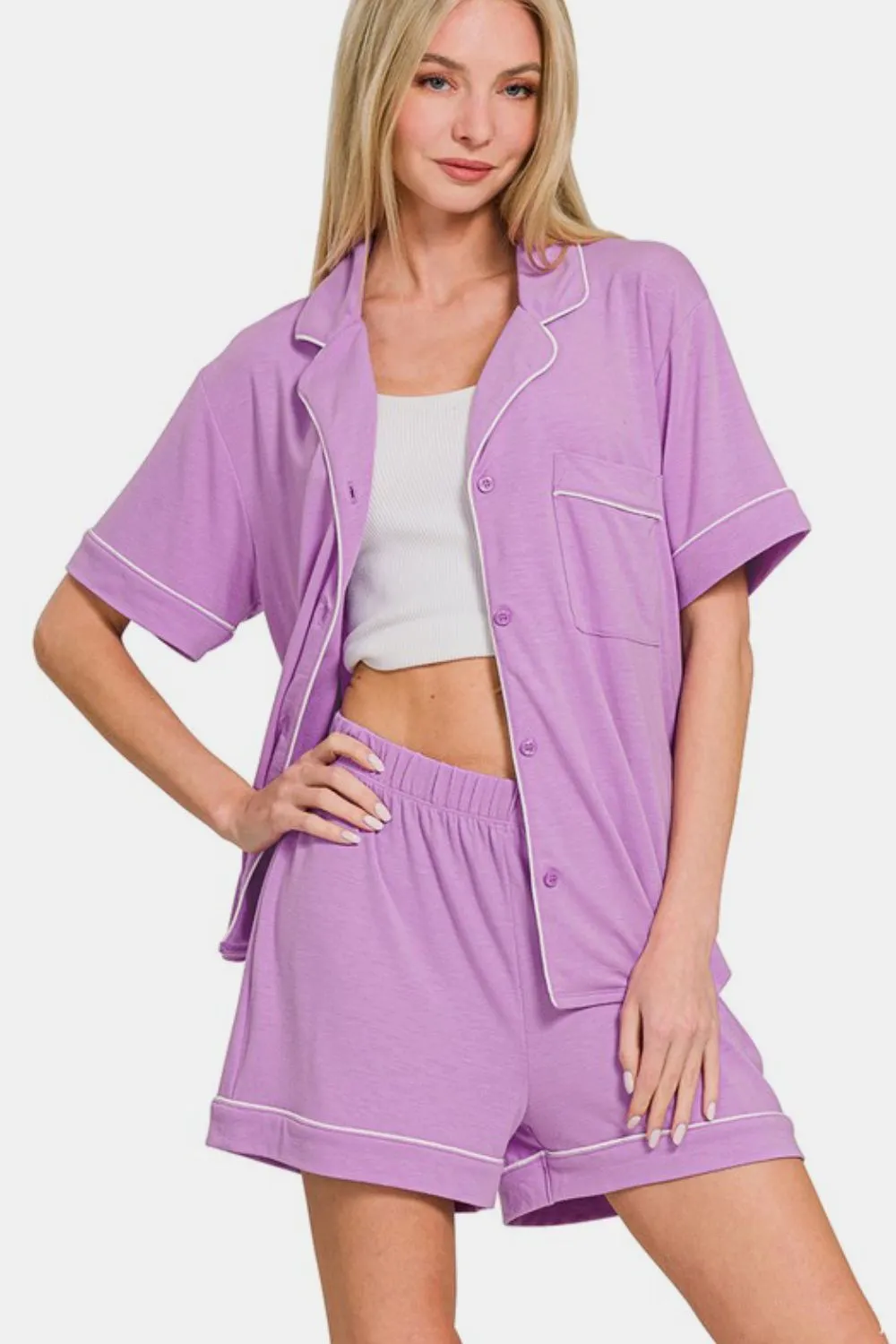 Zenana Button Down Short Sleeve Top and Shorts Lounge Set sold by Charming Charlie product image thumbnail 3
