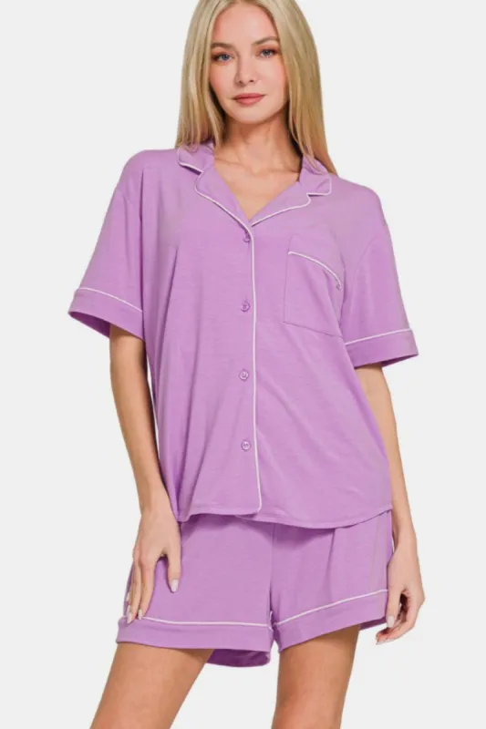 Zenana Button Down Short Sleeve Top and Shorts Lounge Set sold by Charming Charlie