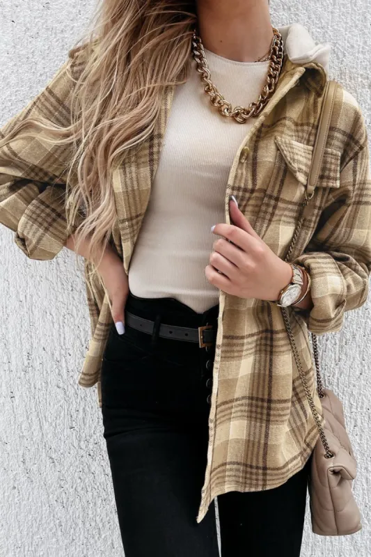 Plaid Button Up Long Sleeve Hooded Jacket sold by Charming Charlie