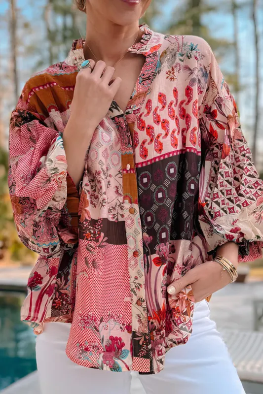 Patchwork Printed Notched Flounce Sleeve Shirt sold by Charming Charlie