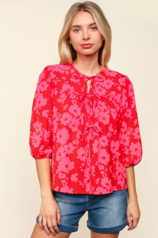 Haptics Full Size Ribbon Bow Floral Balloon Sleeve Blouse sold by Charming Charlie