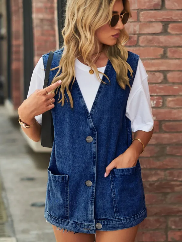 Full Size V-Neck Button Up Denim Vest sold by Charming Charlie