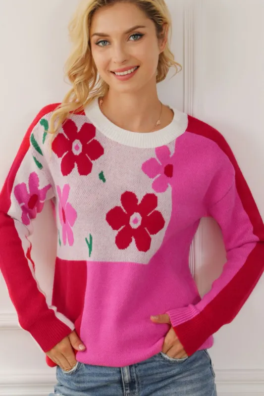 Flower Color Block Round Neck Sweater sold by Charming Charlie