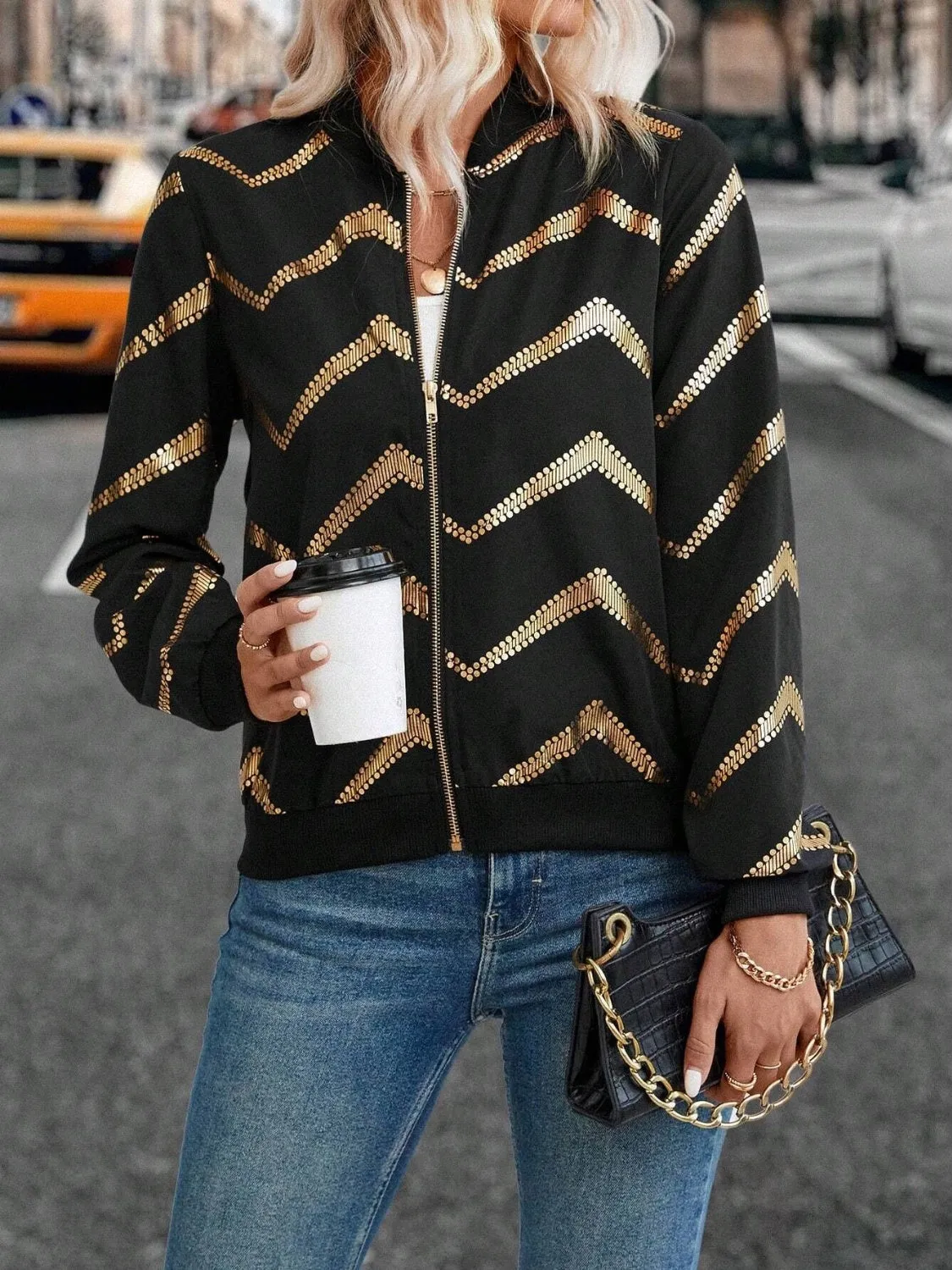 Printed Baseball Collar Zip Up Jacket sold by Charming Charlie product image thumbnail 3