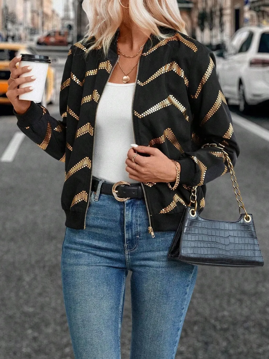 Printed Baseball Collar Zip Up Jacket sold by Charming Charlie product image thumbnail 5