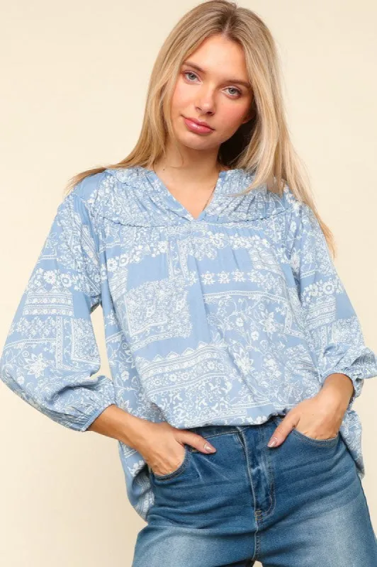 Haptics Full Size Printed Notched Balloon Sleeve Blouse sold by Charming Charlie