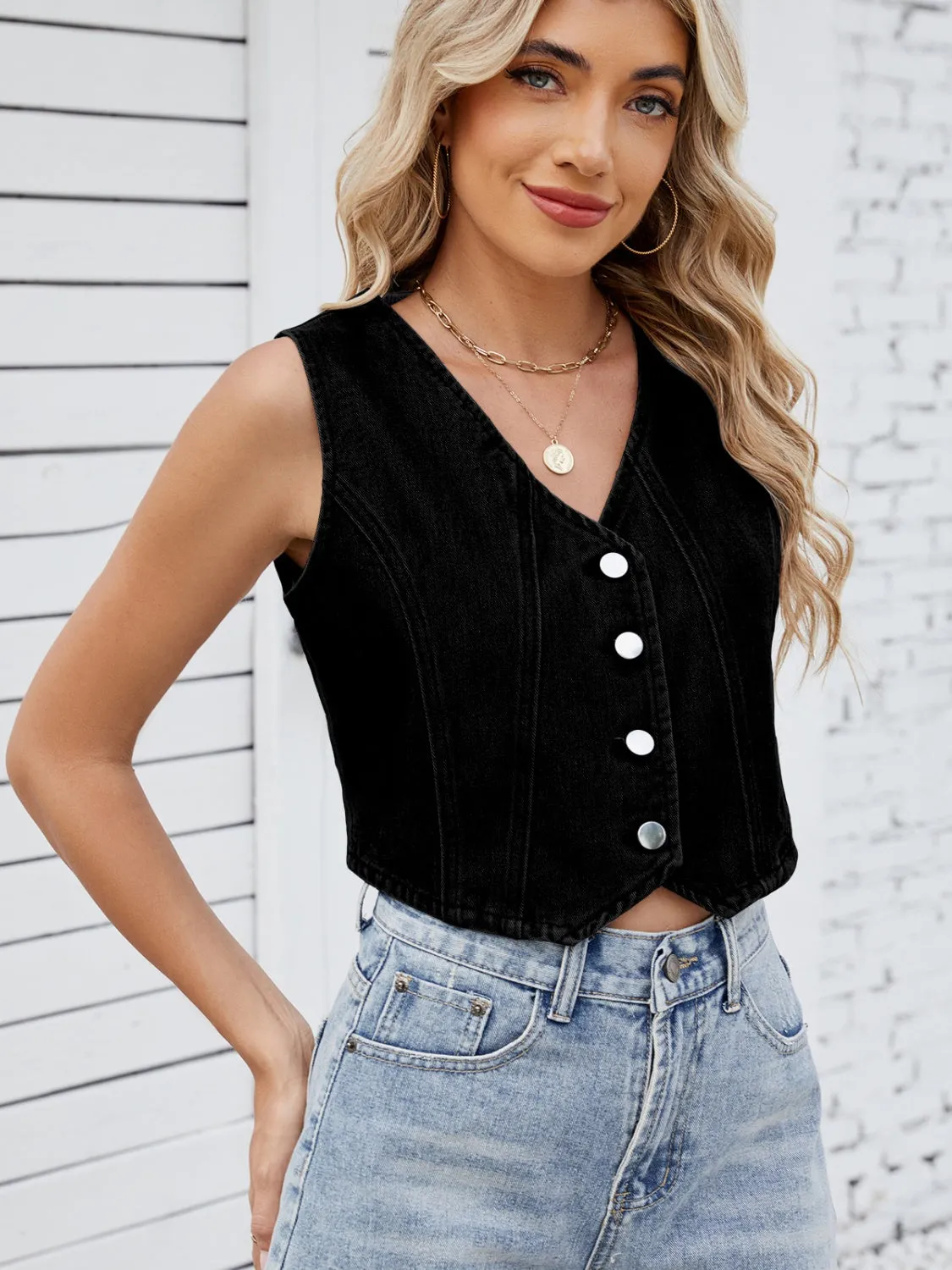 V-Neck Button Down Denim Vest sold by Charming Charlie product image thumbnail 5