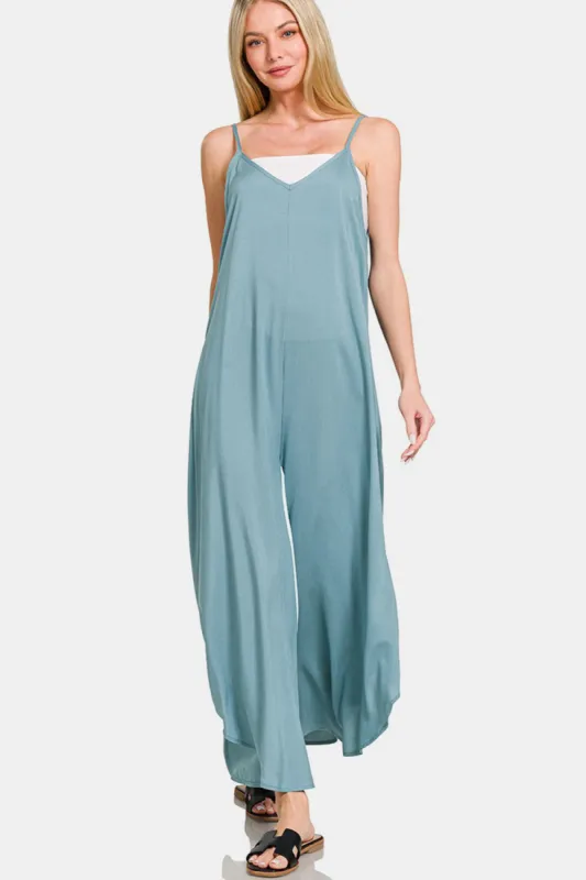 Zenana Spaghetti Strap Wide Leg Overalls with Pockets sold by Charming Charlie