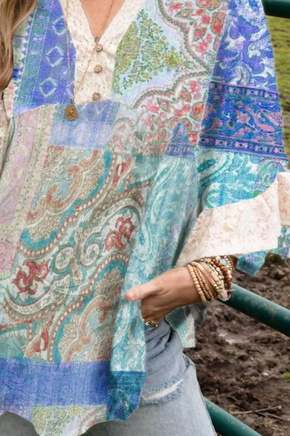 Lace Detail Patchwork Notched Three-Quarter Sleeve Blouse sold by Charming Charlie product image thumbnail 3