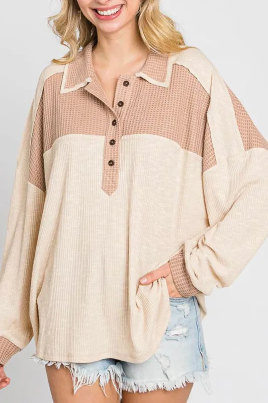 Waffle-Knit Color Block Half Button Long Sleeve Top sold by Charming Charlie