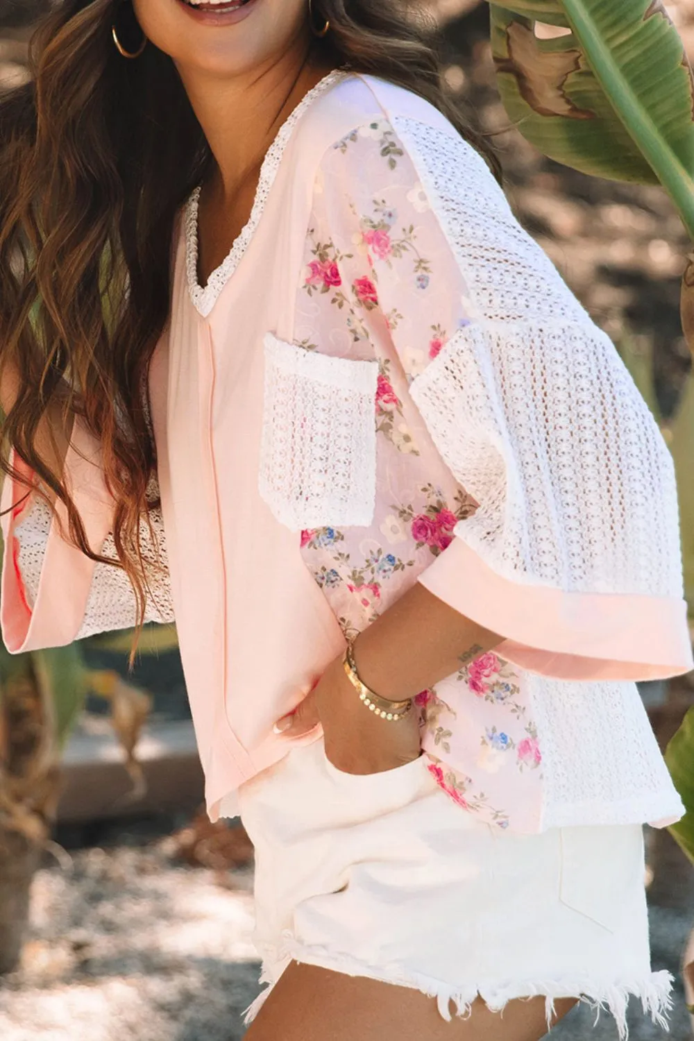 Openwork Floral V-Neck Three-Quarter Sleeve Blouse sold by Charming Charlie product image thumbnail 3