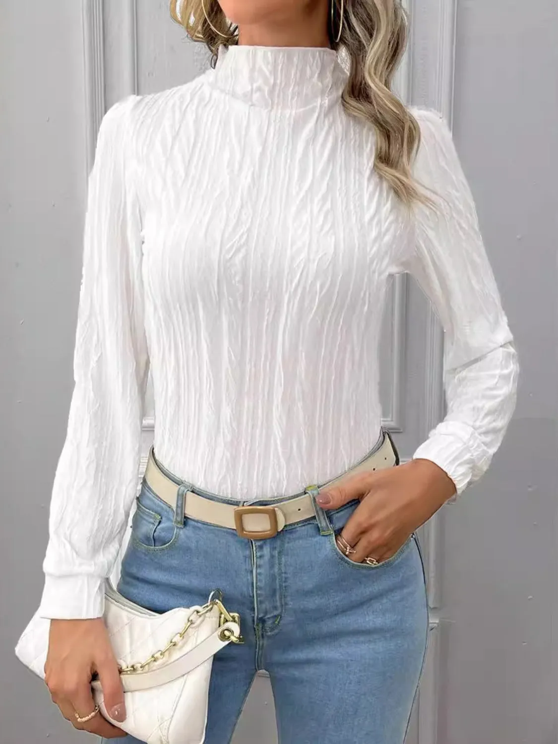 Texture Mock Neck Long Sleeve Top sold by Charming Charlie