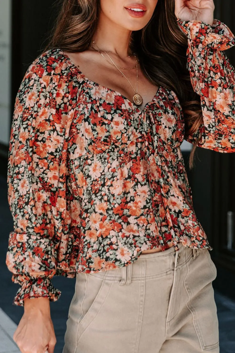 Peplum Tied Flora Long Sleeve Blouse sold by Charming Charlie product image thumbnail 2