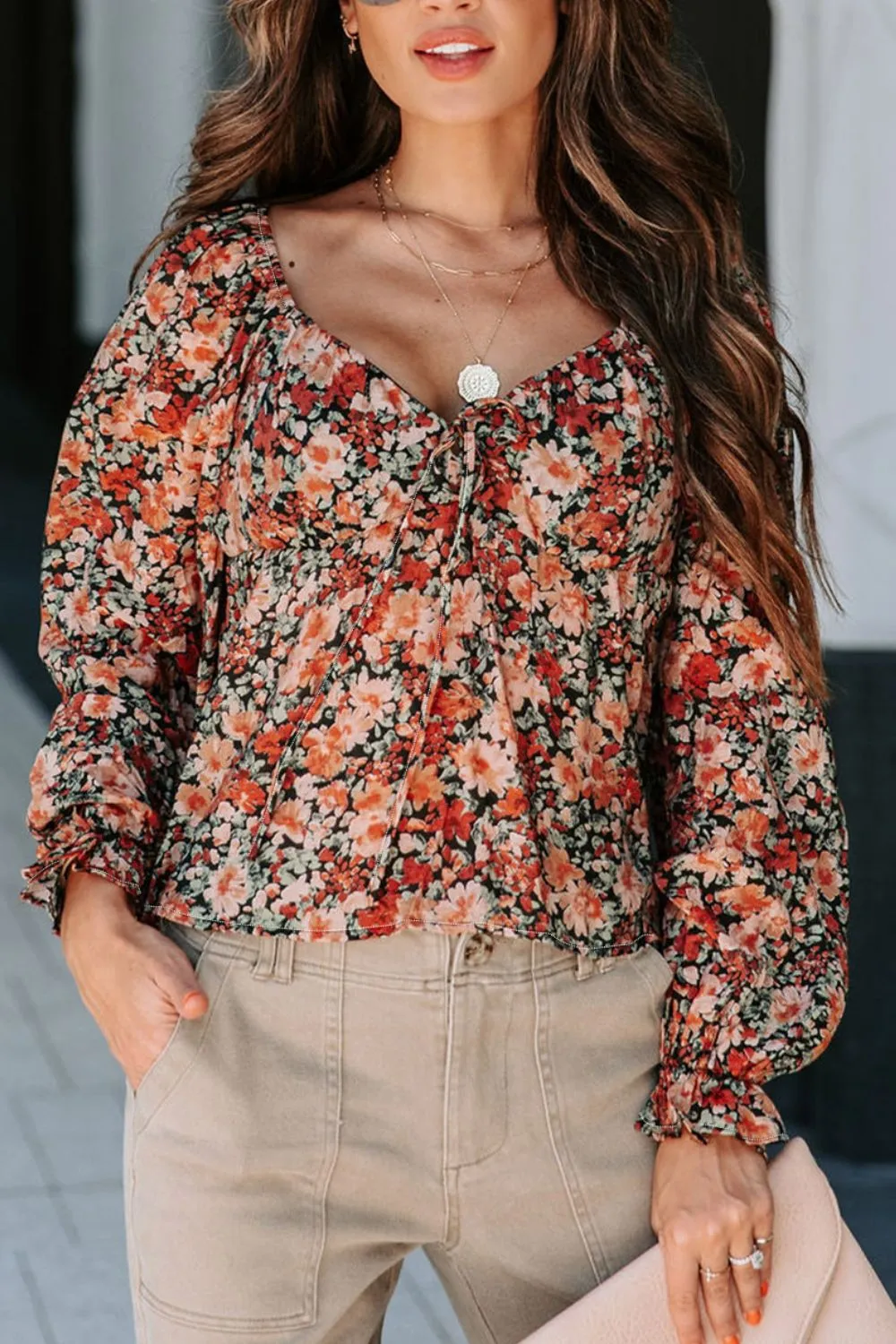 Peplum Tied Flora Long Sleeve Blouse sold by Charming Charlie product image thumbnail 4