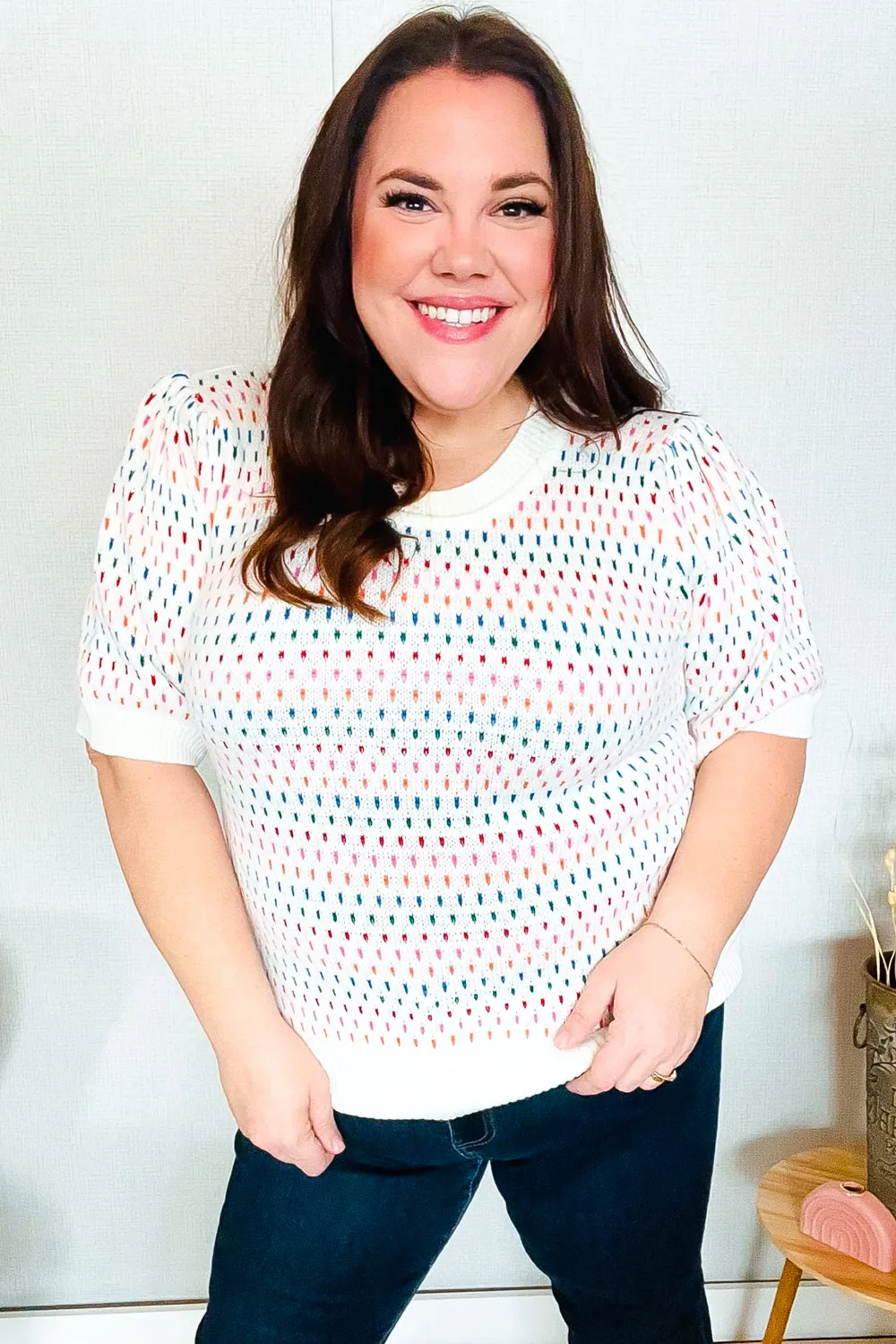 Spread Joy Ivory & Multicolor Jacquard Bubble Sleeve Sweater sold by Charming Charlie product image thumbnail 2