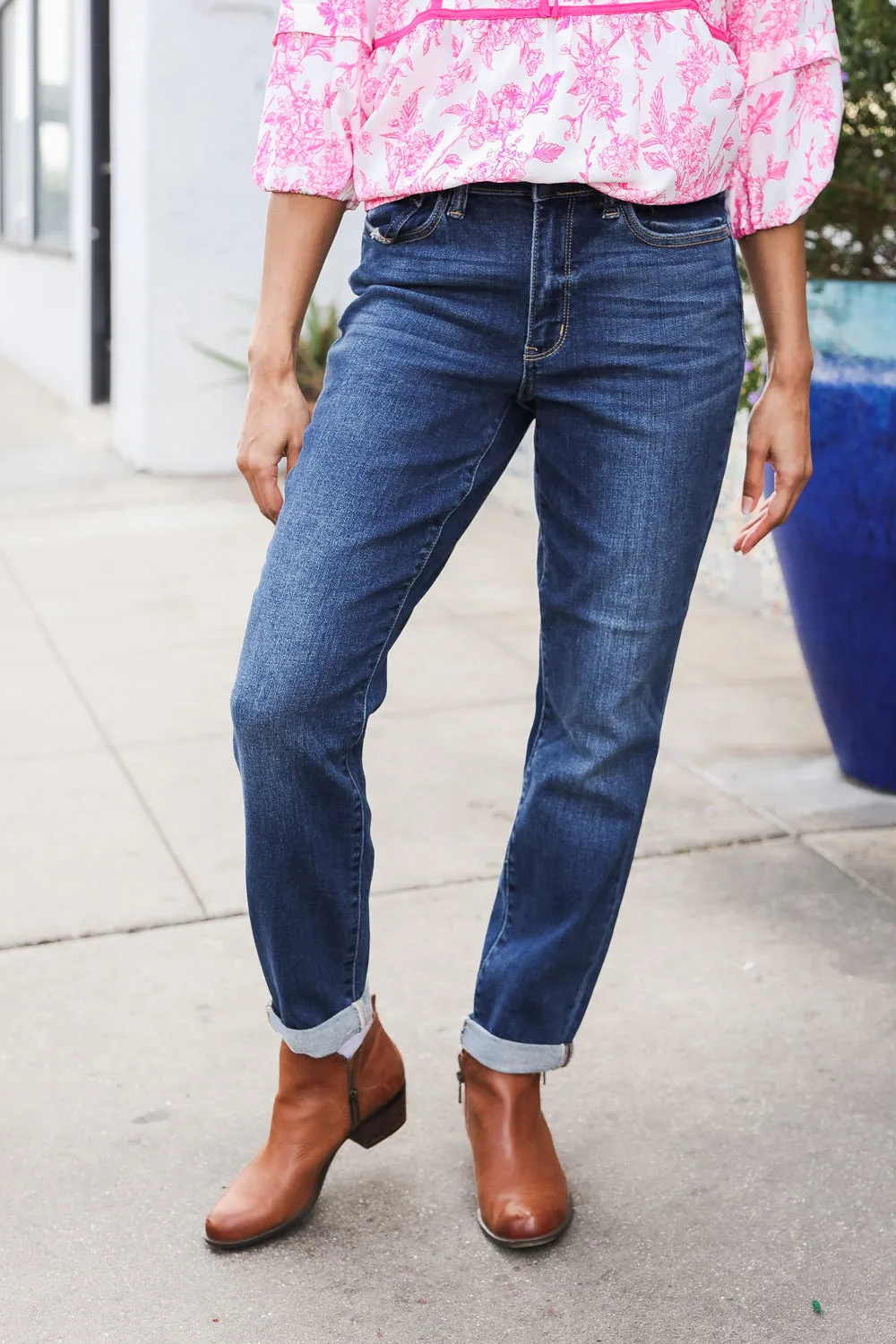 Judy Blue Mid Rise Cuffed Boyfriend Straight Leg Jeans sold by Charming Charlie