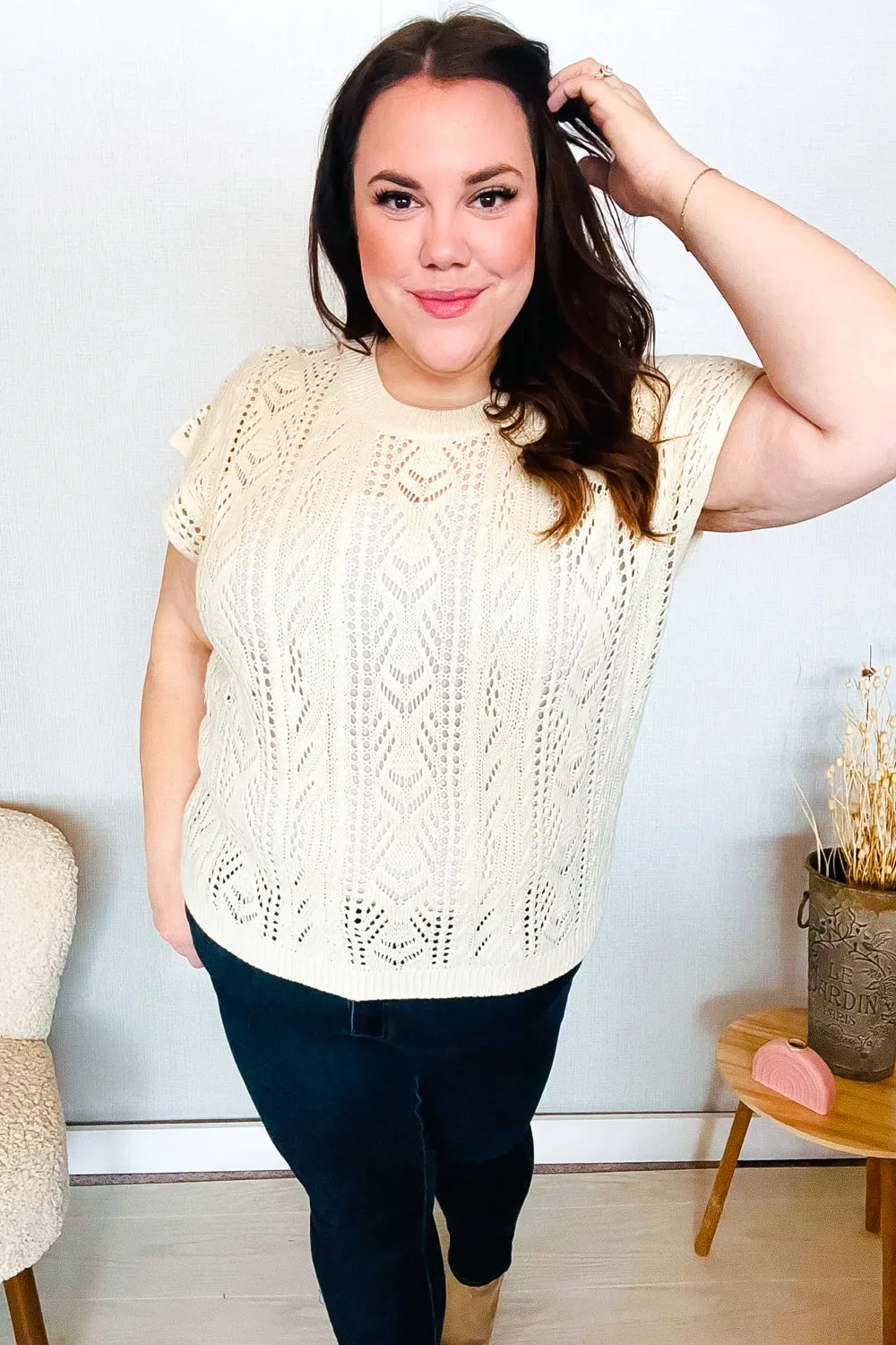 The Perfect Find Beige Dolman Short Sleeve Crochet Sweater Top sold by Charming Charlie