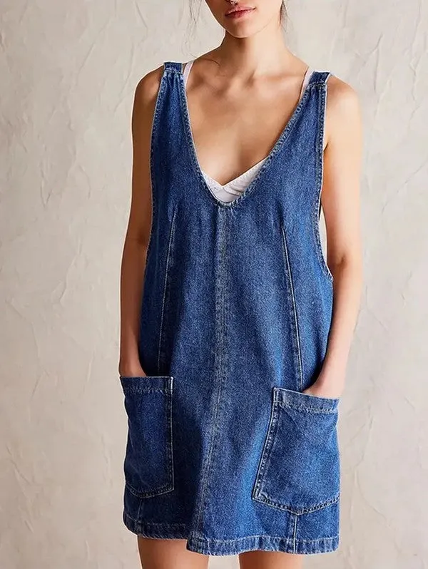 Denim scoop neck overall dress sold by Charming Charlie